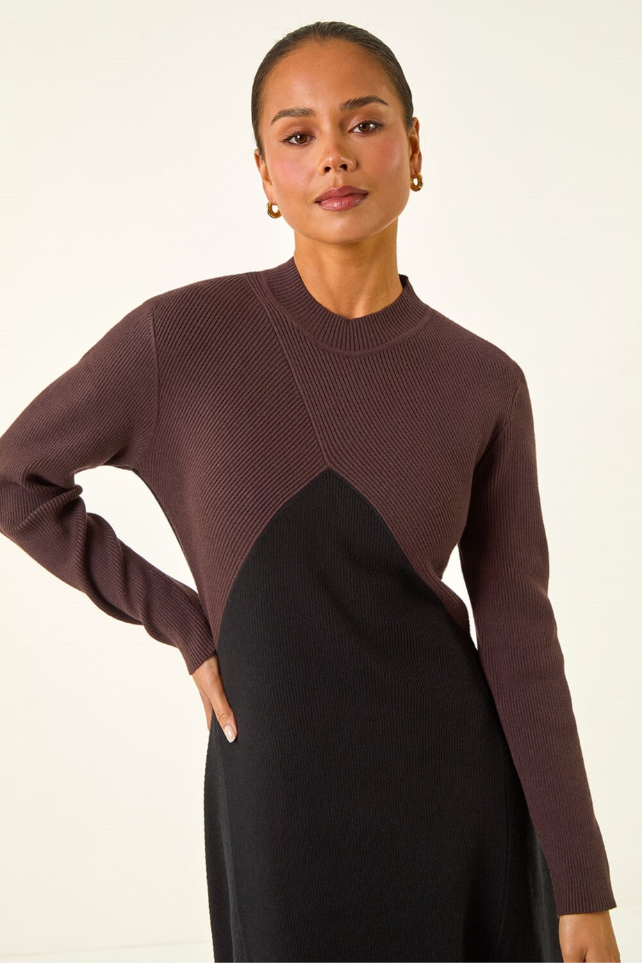 Roman Black Petite Contrast Knit Midi Dress