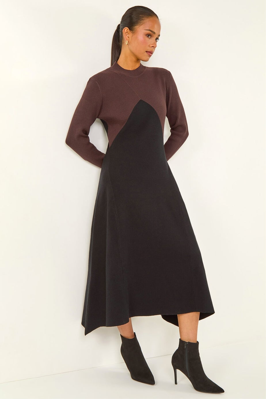 Roman Black Petite Contrast Knit Midi Dress