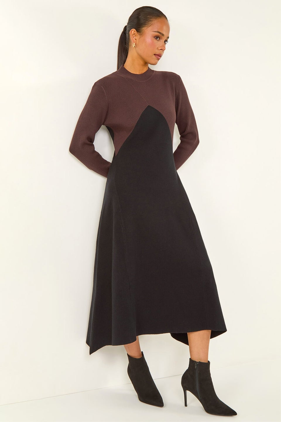 Roman Black Petite Contrast Knit Midi Dress