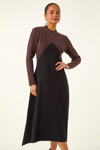 Roman Black Petite Contrast Knit Midi Dress