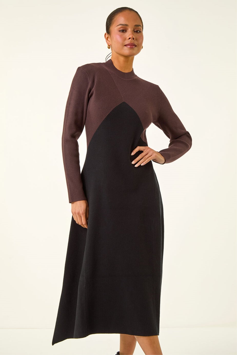 Roman Black Petite Contrast Knit Midi Dress