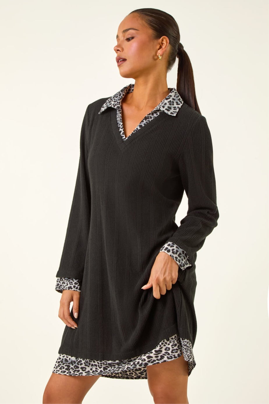 Roman Black Petite Leopard Collar Knit Dress