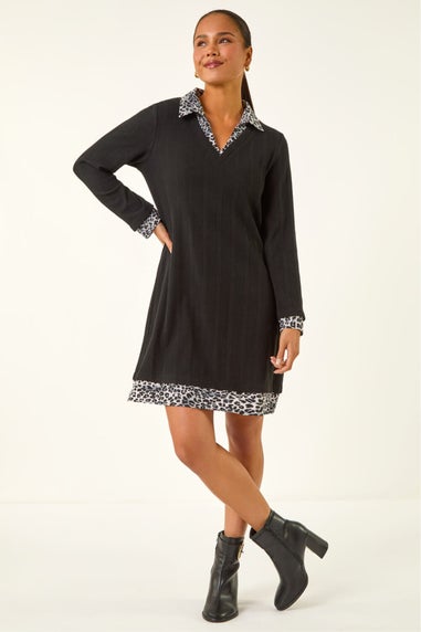 Roman Black Petite Leopard Collar Knit Dress