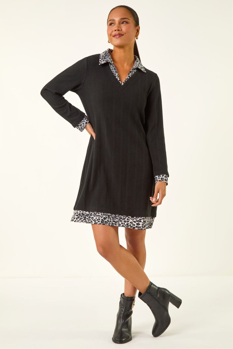 Roman Black Petite Leopard Collar Knit Dress