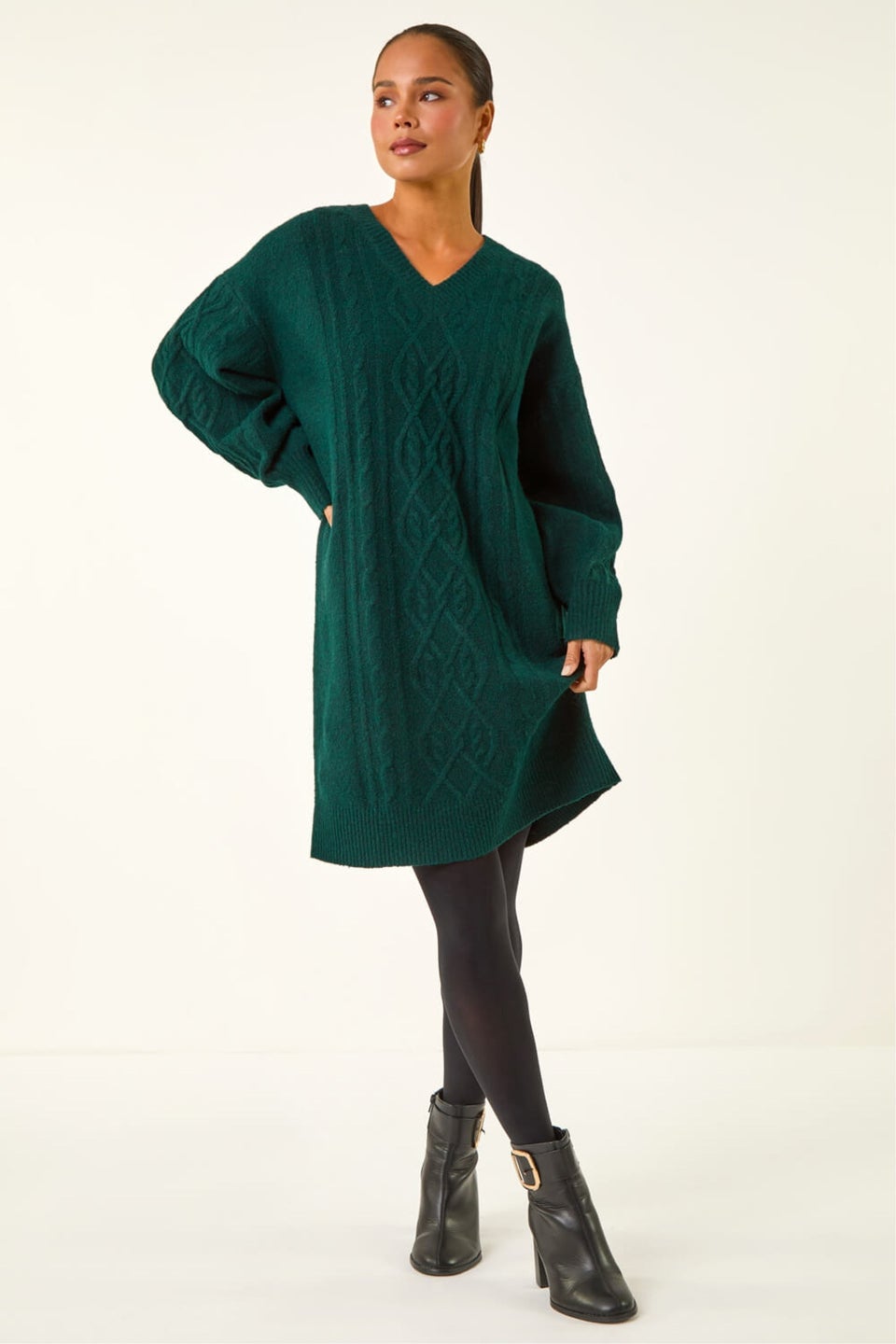 Roman Dark Green Petite Cable Knit Shift Dress