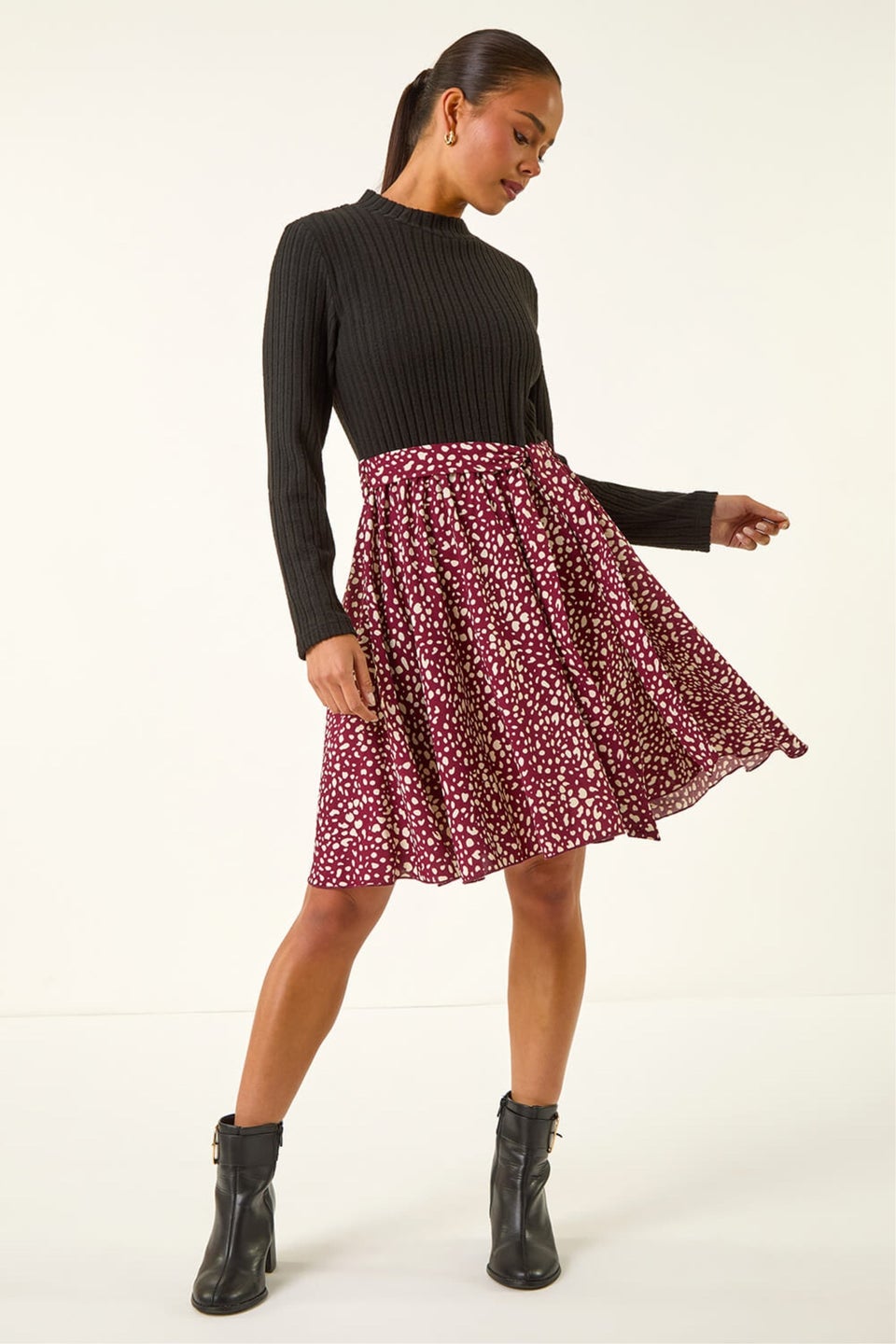 Roman Burgundy Petite Spot Print Tie Front Dress