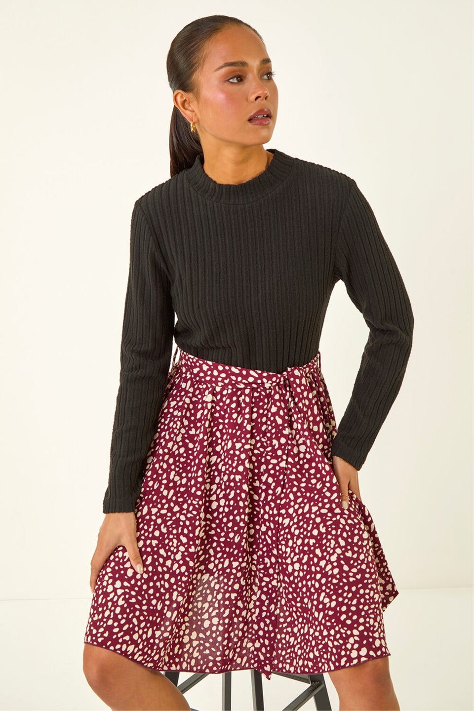 Roman Burgundy Petite Spot Print Tie Front Dress