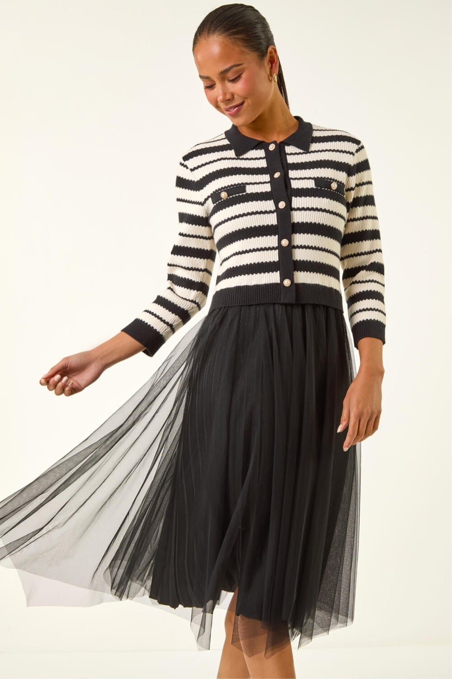 Roman Black Petite Stripe Knit Midi Dress