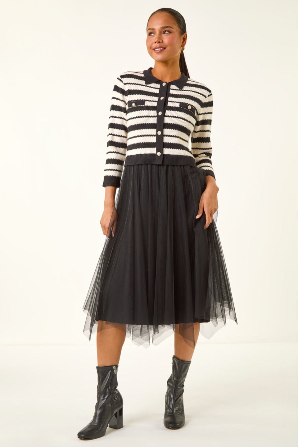 Roman Black Petite Stripe Knit Midi Dress
