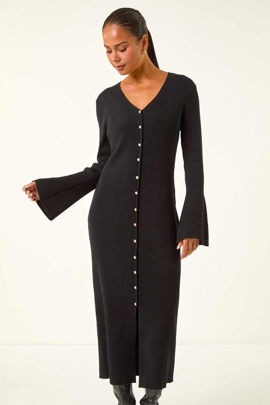 Roman Black Petite Knitted Button Detail Midi Dress
