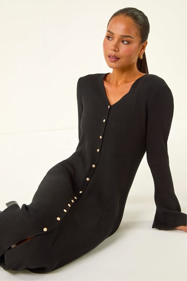 Roman Black Petite Knitted Button Detail Midi Dress