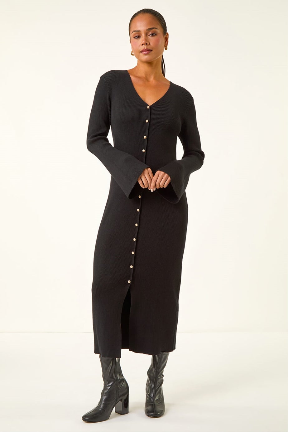 Roman Black Petite Knitted Button Detail Midi Dress