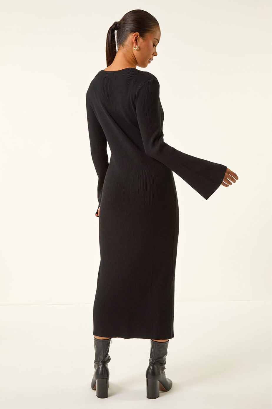 Roman Black Petite Knitted Button Detail Midi Dress