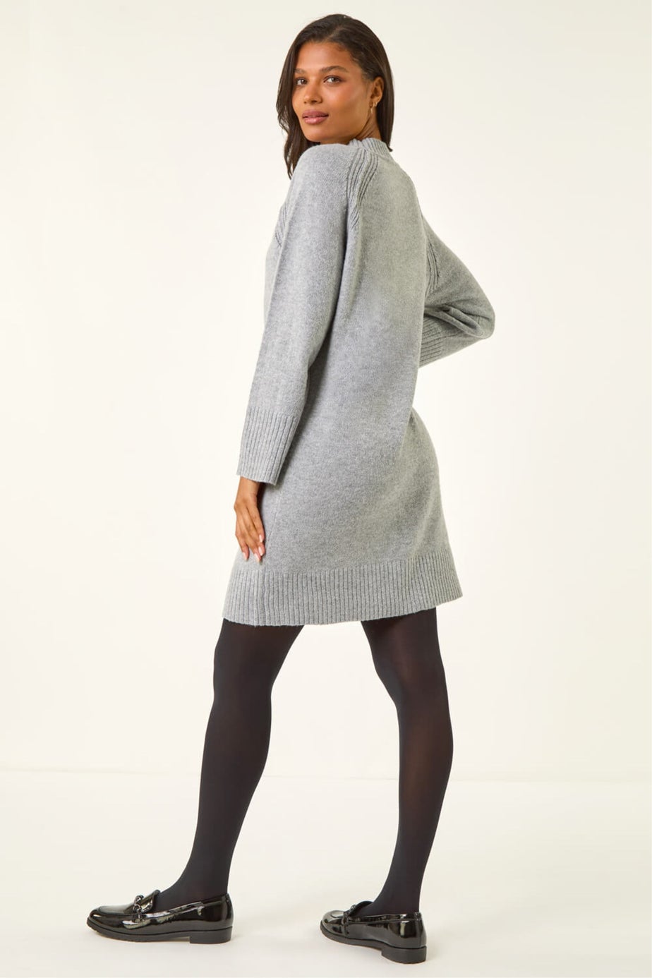 Roman Light Grey High Neck Ribbed Knit Dress