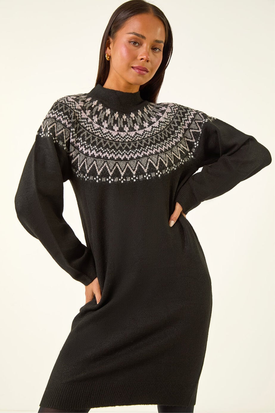 Roman Black Petite Fairisle Knit Dress