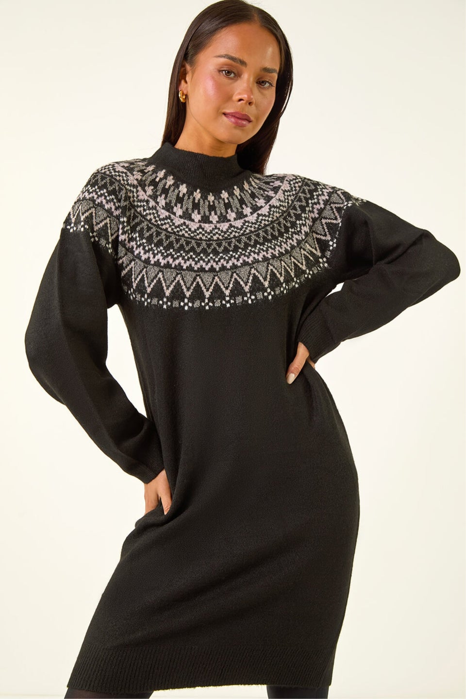 Roman Black Petite Fairisle Knit Dress