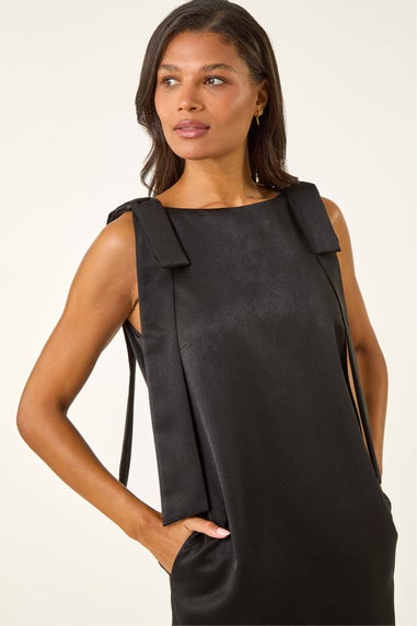 Roman Black Satin Bow Detail Shift Dress