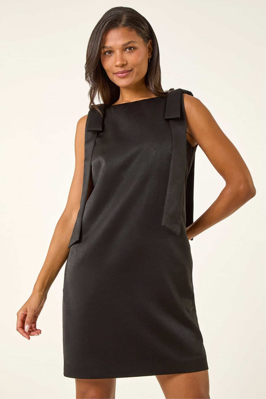 Roman Black Satin Bow Detail Shift Dress