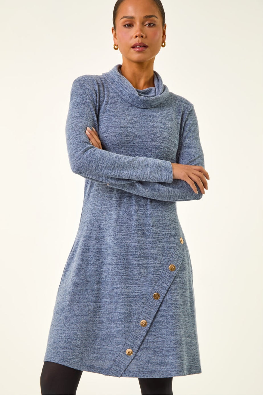 Roman Blue Petite Soft Marl Buttoned Cowl Neck Dress