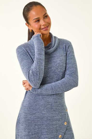Roman Blue Petite Soft Marl Buttoned Cowl Neck Dress