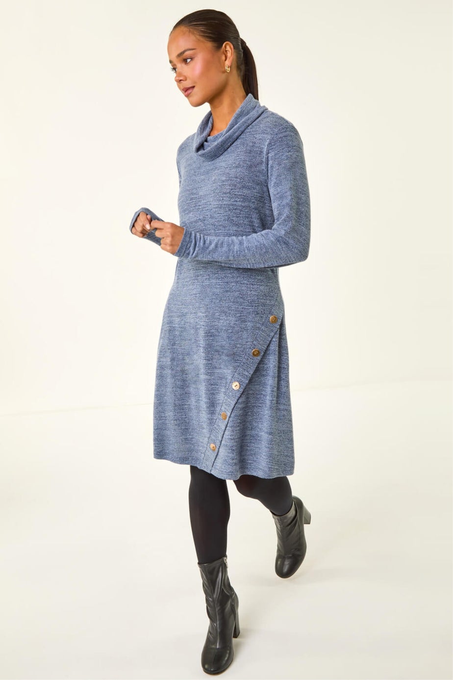 Roman Blue Petite Soft Marl Buttoned Cowl Neck Dress