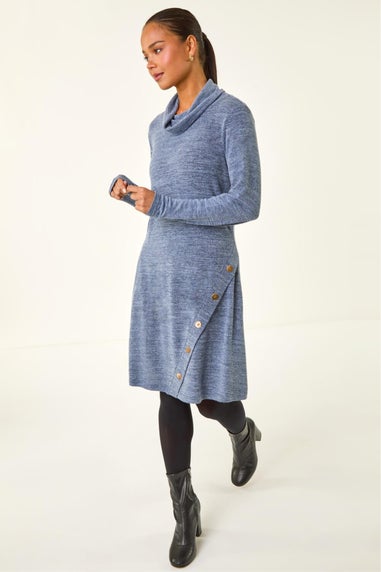 Roman Blue Petite Soft Marl Buttoned Cowl Neck Dress