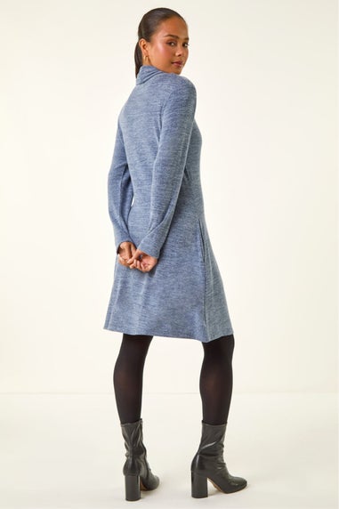 Roman Blue Petite Soft Marl Buttoned Cowl Neck Dress