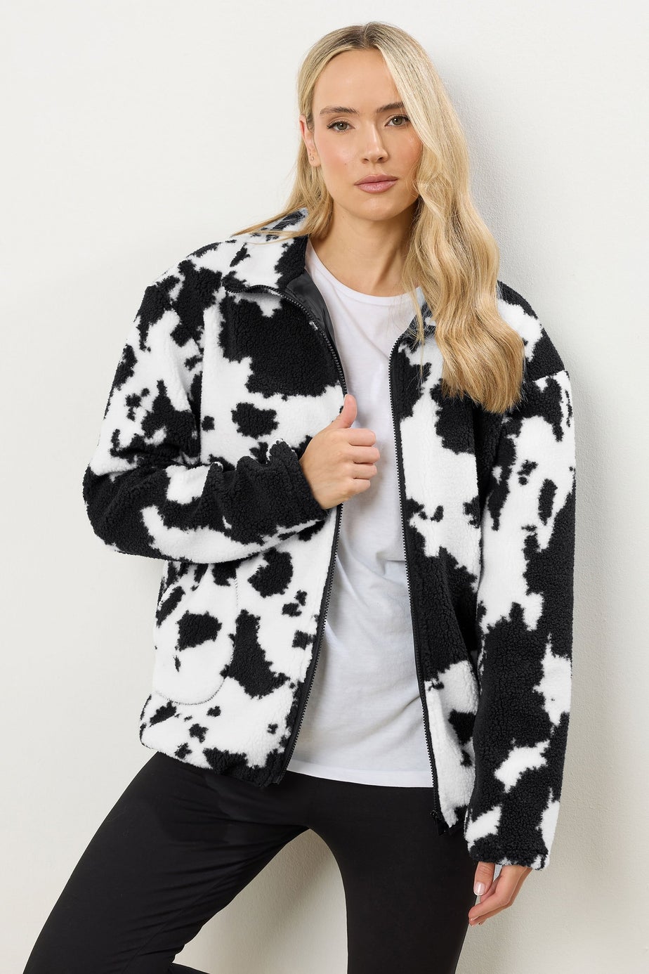 Long Tall Sally Black Cow Print Zip Fleece Jacket