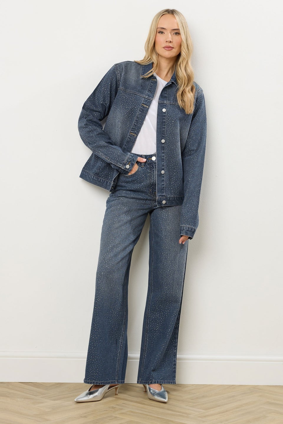 Long Tall Sally Blue Diamante Embellished Wide Leg Jeans