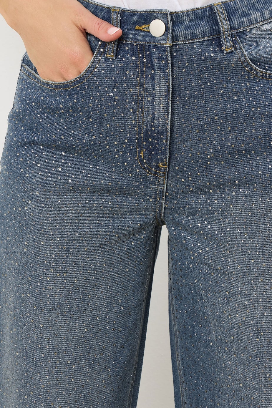 Long Tall Sally Blue Diamante Embellished Wide Leg Jeans