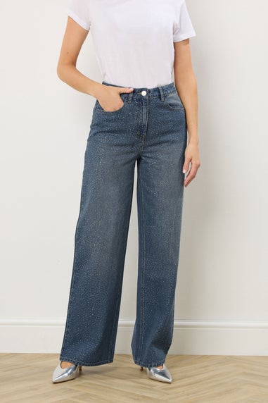 Long Tall Sally Blue Diamante Embellished Wide Leg Jeans