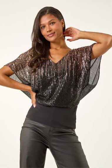 Roman Bronze Ombre Mesh Sequin Bow Back Top