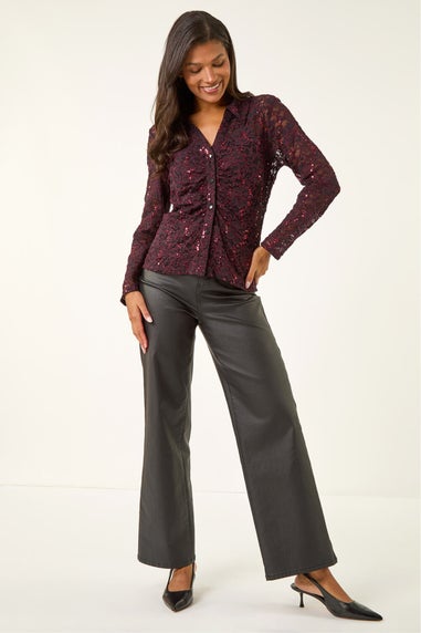 Roman Wine Sequin Lace Collared Blouse