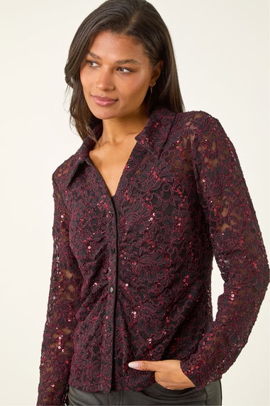 Roman Wine Sequin Lace Collared Blouse