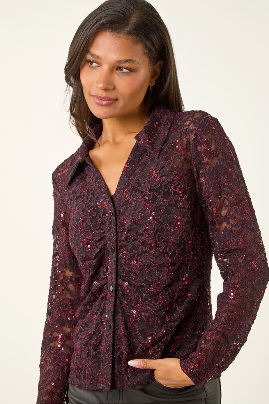 Roman Wine Sequin Lace Collared Blouse