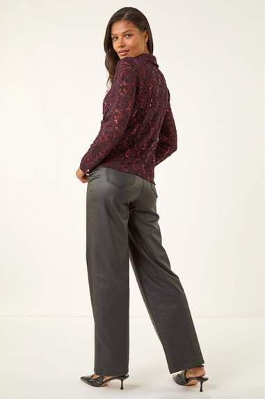 Roman Wine Sequin Lace Collared Blouse