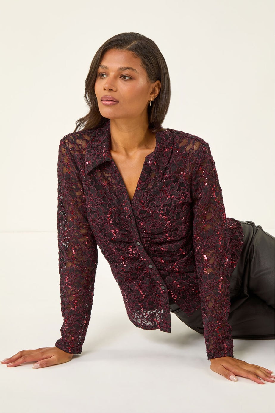 Roman Wine Sequin Lace Collared Blouse