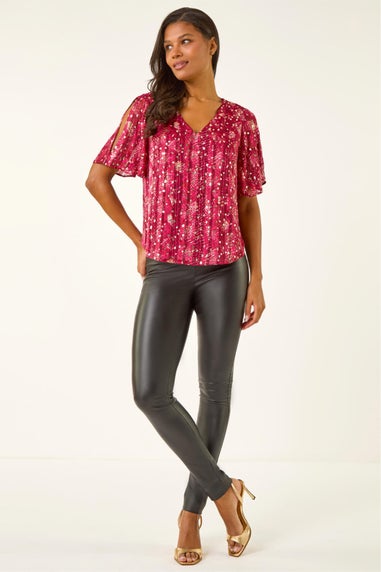 Roman Red Metallic Angel Sleeve V-Neck Top