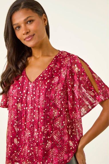 Roman Red Metallic Angel Sleeve V-Neck Top