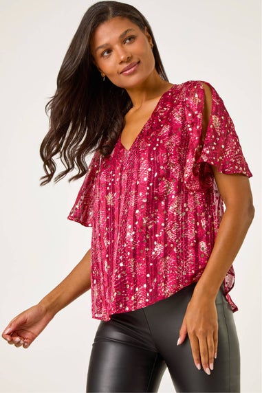 Roman Red Metallic Angel Sleeve V-Neck Top