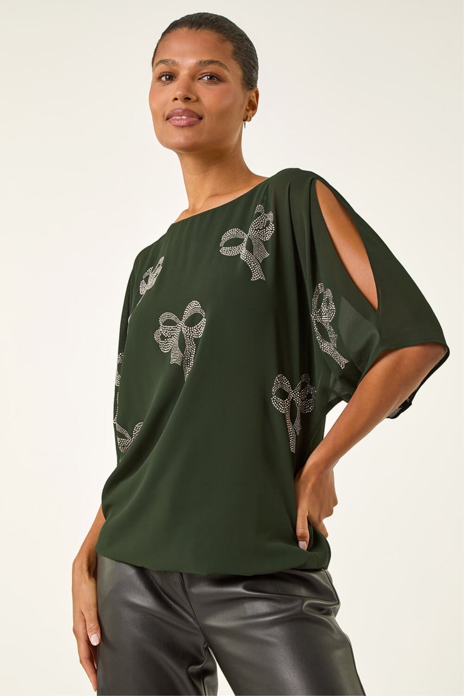 Roman Dark Green Bow Embellished Cold Shoulder Top