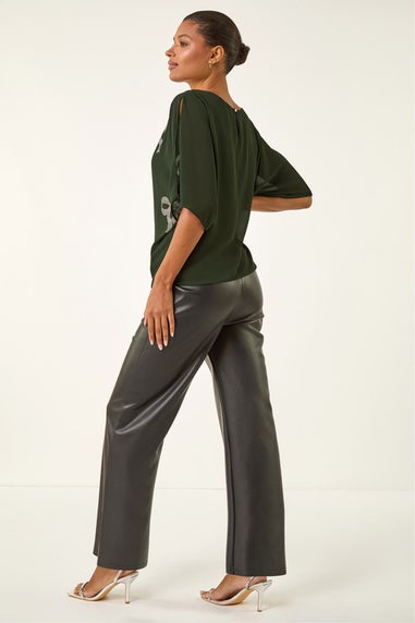 Roman Dark Green Bow Embellished Cold Shoulder Top