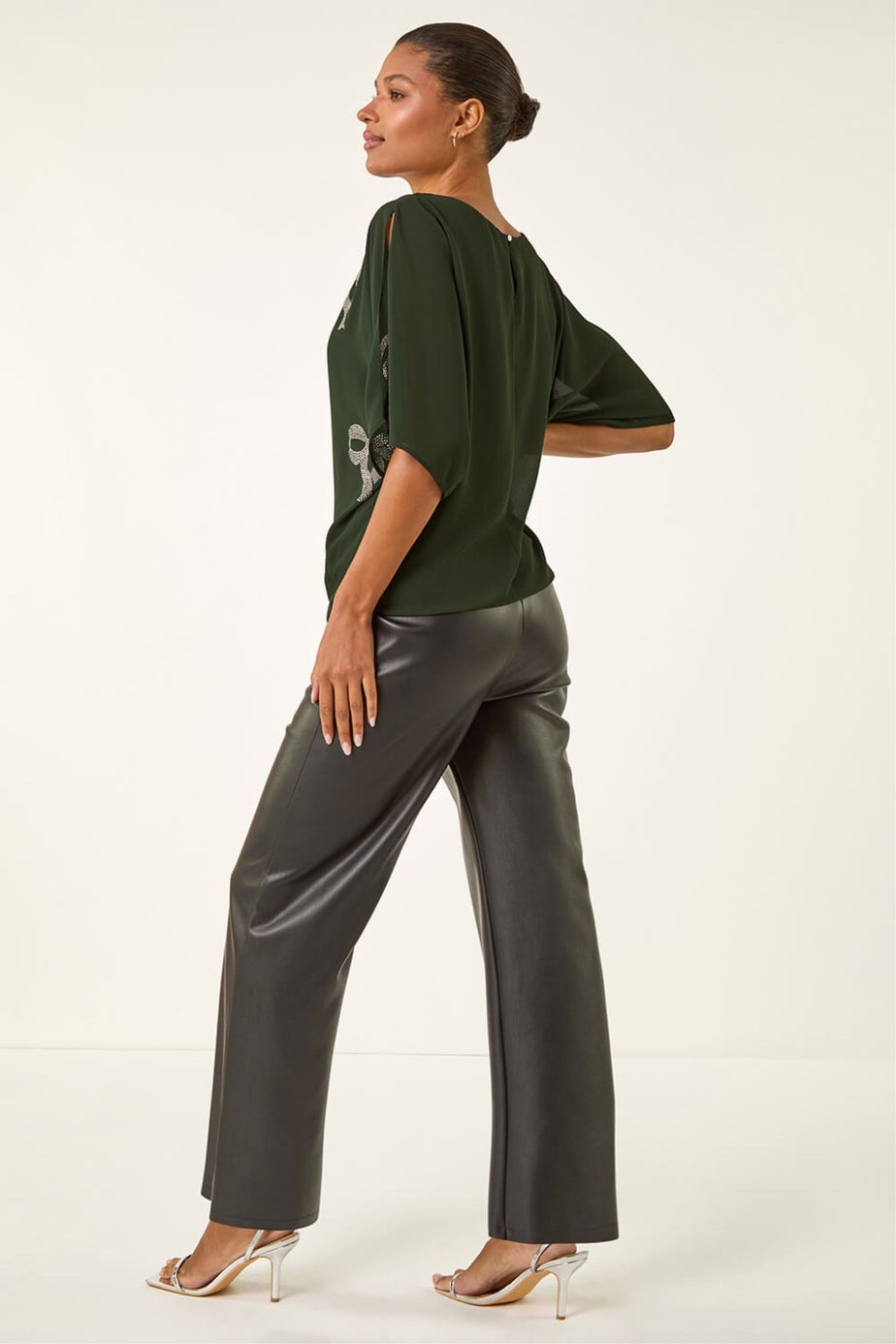 Roman Dark Green Bow Embellished Cold Shoulder Top