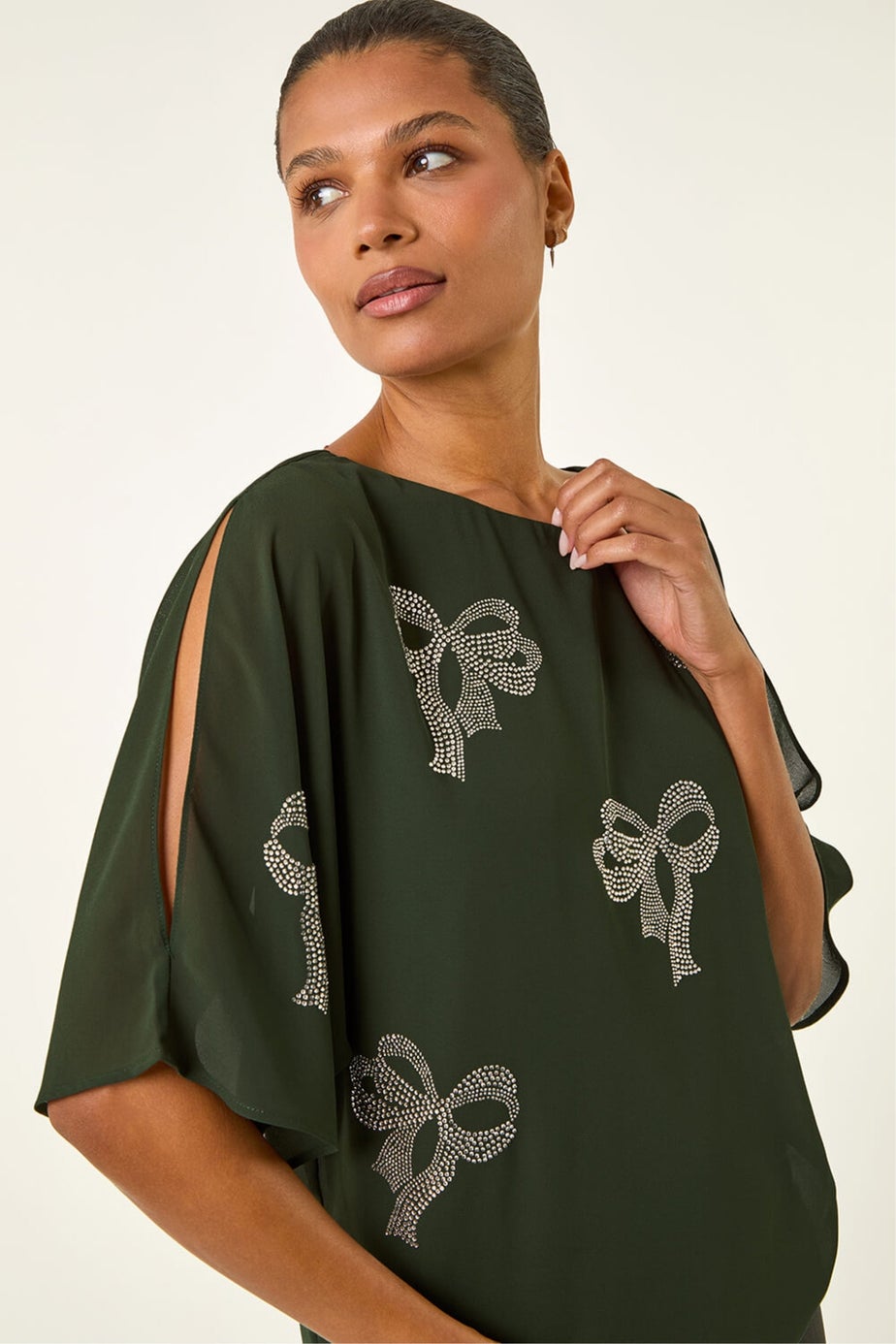 Roman Dark Green Bow Embellished Cold Shoulder Top
