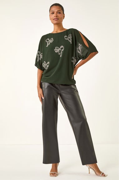 Roman Dark Green Bow Embellished Cold Shoulder Top