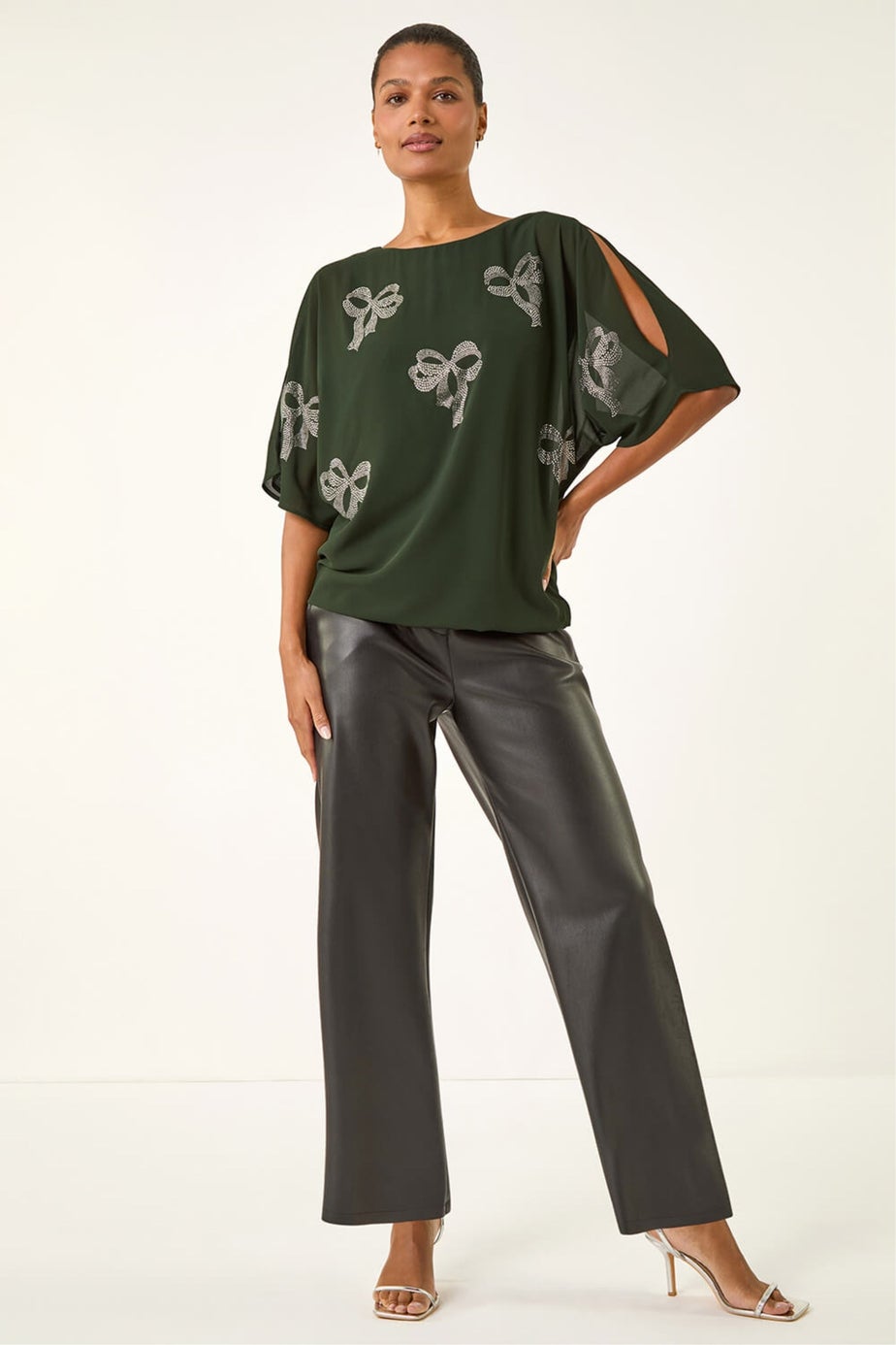 Roman Dark Green Bow Embellished Cold Shoulder Top