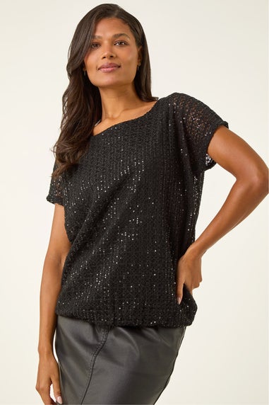 Roman Black Sequin Cut Out Top