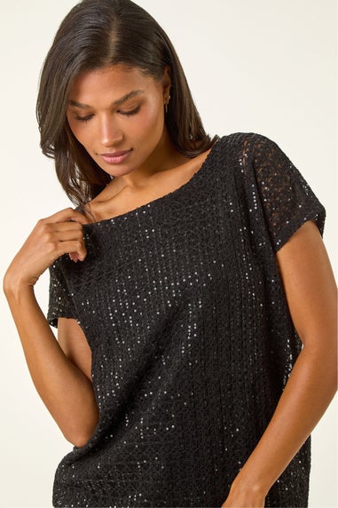Roman Black Sequin Cut Out Top