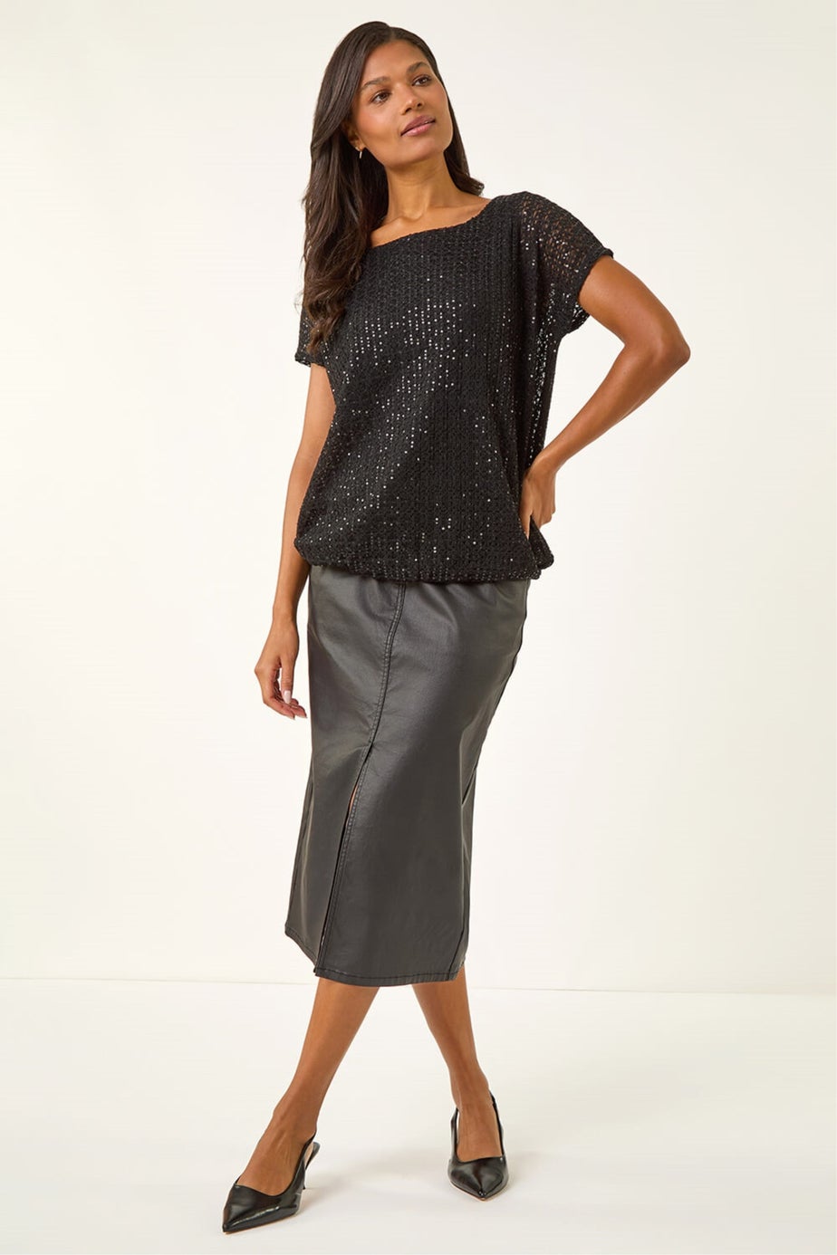 Roman Black Sequin Cut Out Top