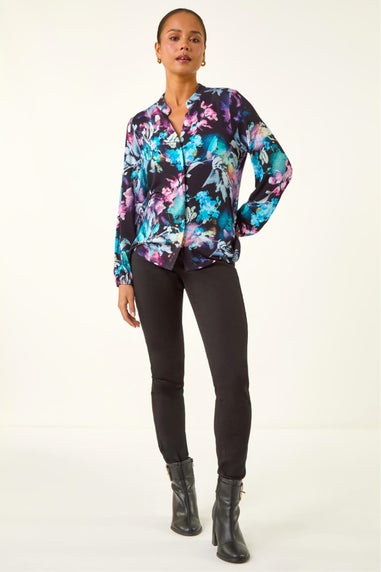 Roman Navy Petite Floral Buttoned Blouse